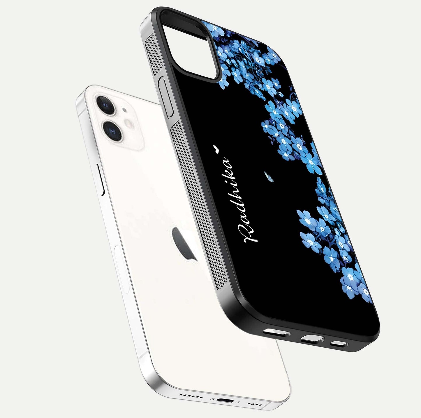 Blue Petal Dream Custom Name Glass Case for iPhone 12 Mini floating mockup capturing floral tones and glass shine