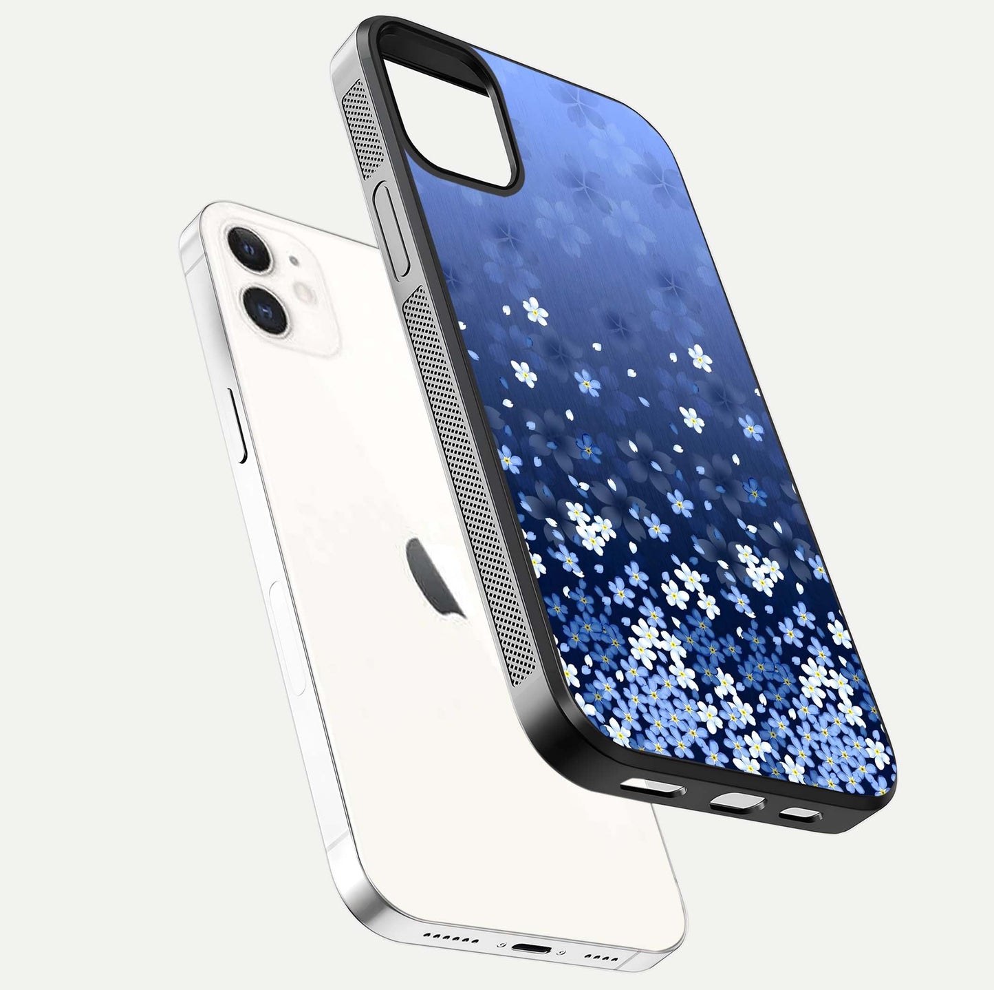 Blue Starry Glass Case for iPhone 12 Mini floating mockup capturing cosmic tone and HD gloss texture