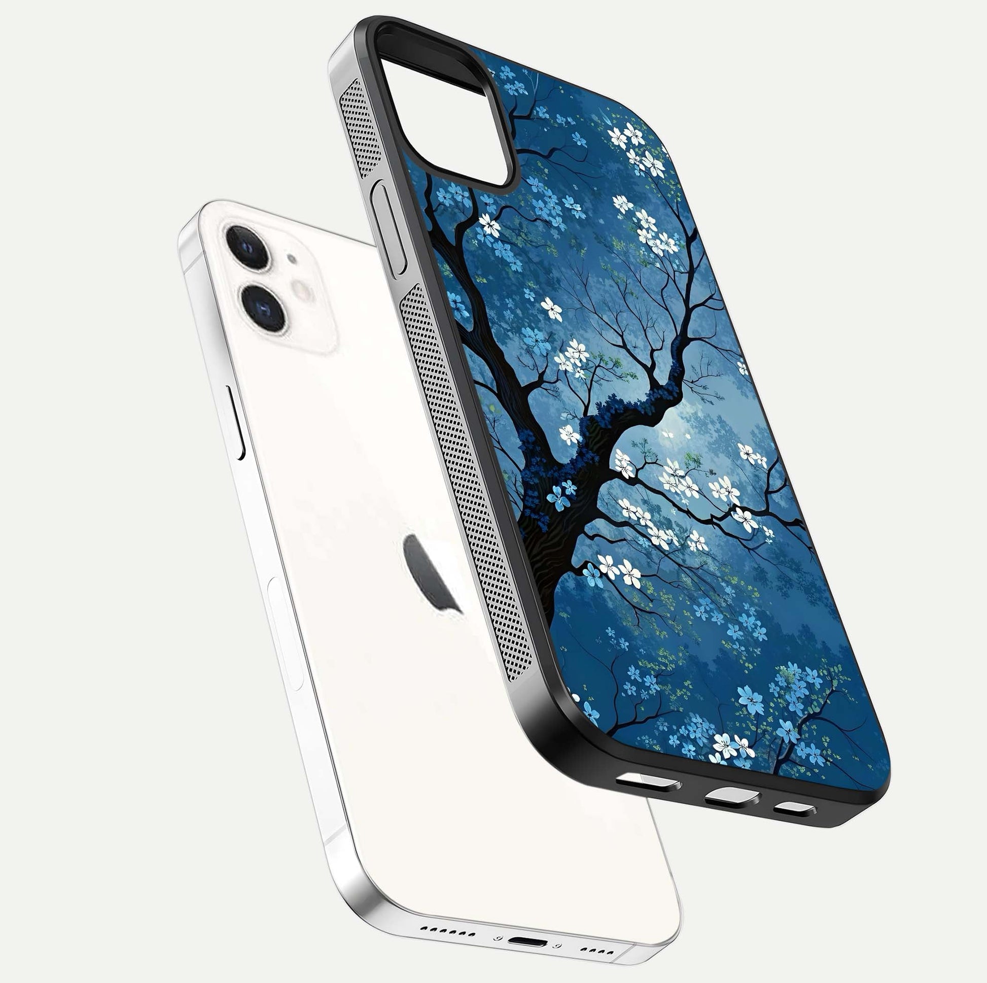 Blue Tree Serenity Glass Case for iPhone 12 Mini floating mockup displaying serene tones and HD glass polish