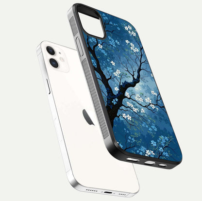 Blue Tree Serenity Glass Case for iPhone 12 Mini floating mockup displaying serene tones and HD glass polish