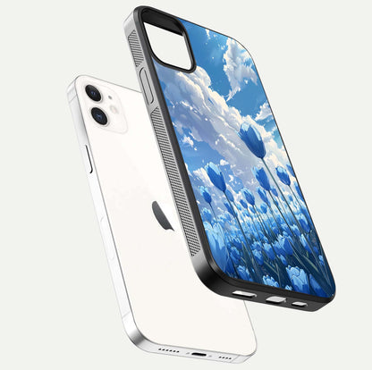 Blue Tulip Clouds Glass Case for iPhone 12 Mini floating mockup displaying tulip-cloud fusion art and smooth glass gloss