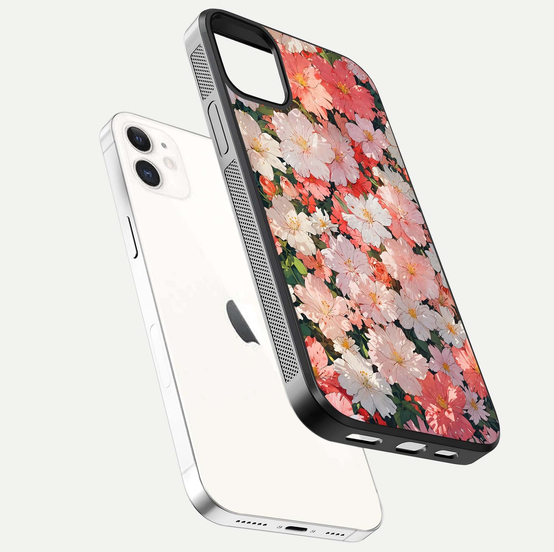 Blush Bloom Field Glass Case for iPhone 12 Mini floating mockup highlighting floral spread and edge reflection