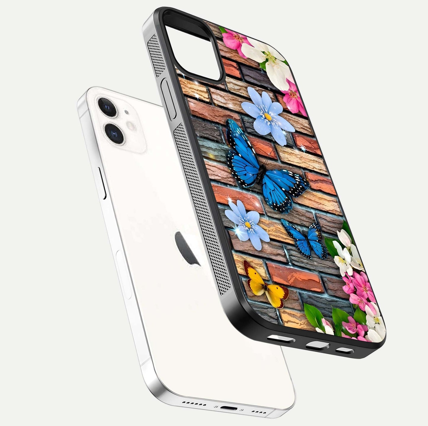 Brick Bloom Flight Glass Case for iPhone 12 Mini floating mockup displaying gloss reflection and pattern vibrancy