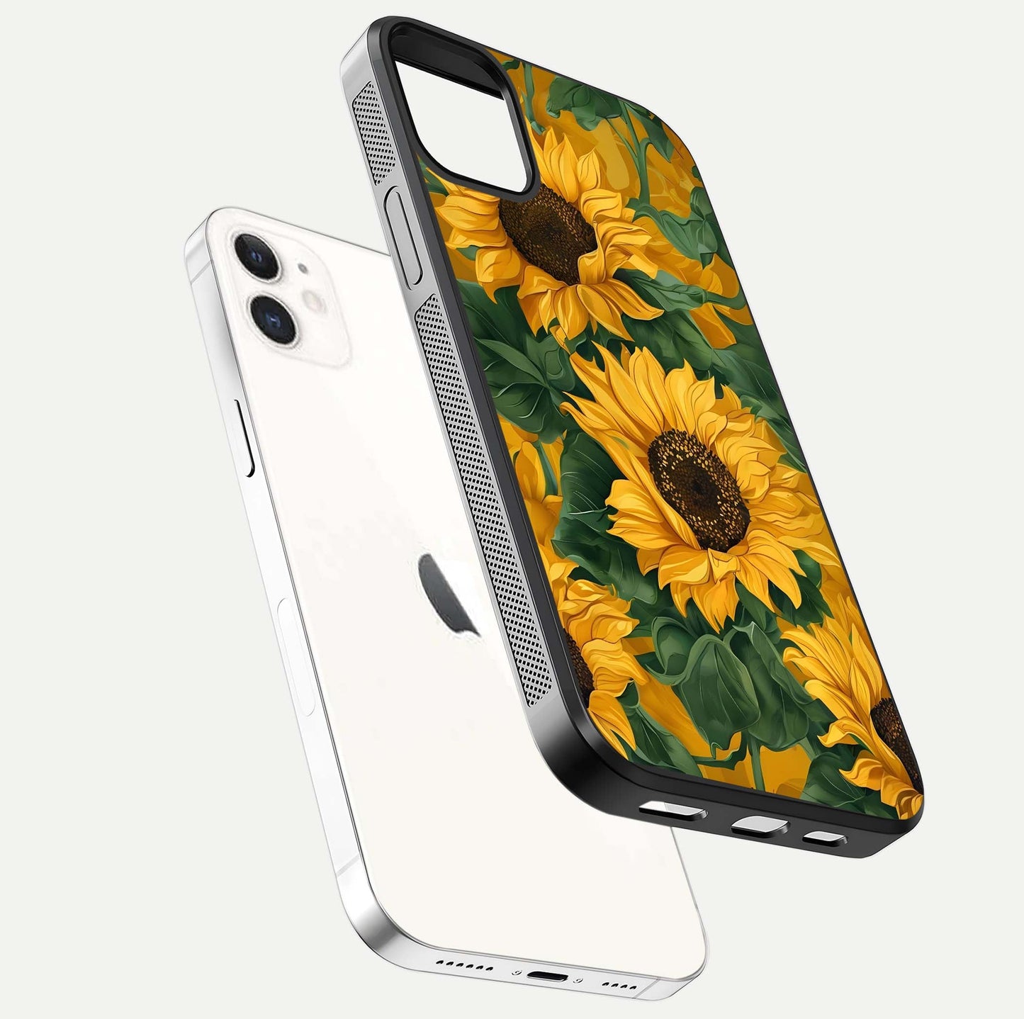 Bright Sunflower Bloom Glass Case for iPhone 12 Mini floating mockup capturing vibrant tones and gloss surface
