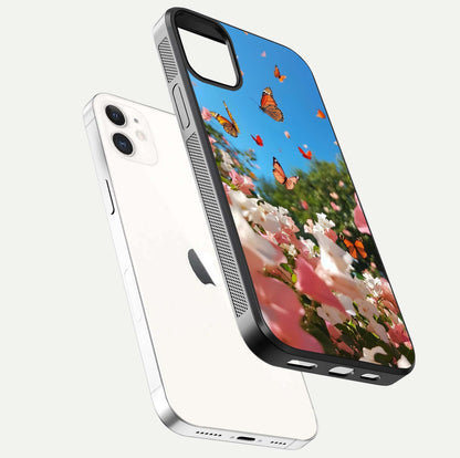 Butterflies in Bloom Sky Glass Case for iPhone 12 Mini floating mockup capturing butterfly motion and edge design