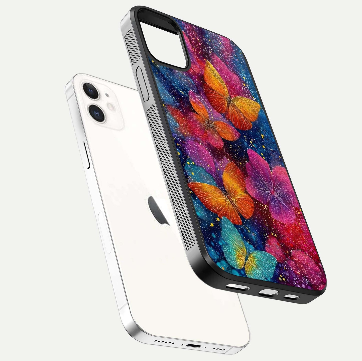 Butterfly Dream Mist Glass Case for iPhone 12 Mini floating mockup displaying glass shine and ethereal art depth