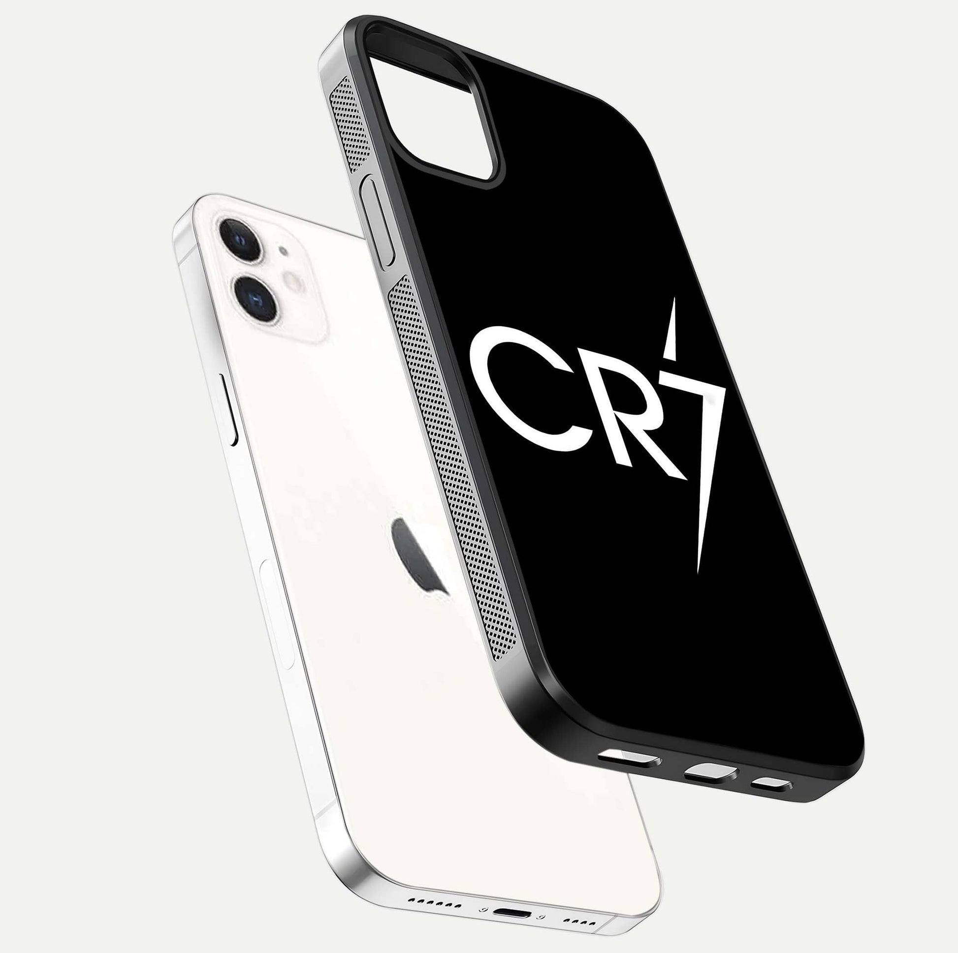 CR7 Elite Strike Glass Case for iPhone 12 Mini floating mockup displaying HD gloss and sporty texture