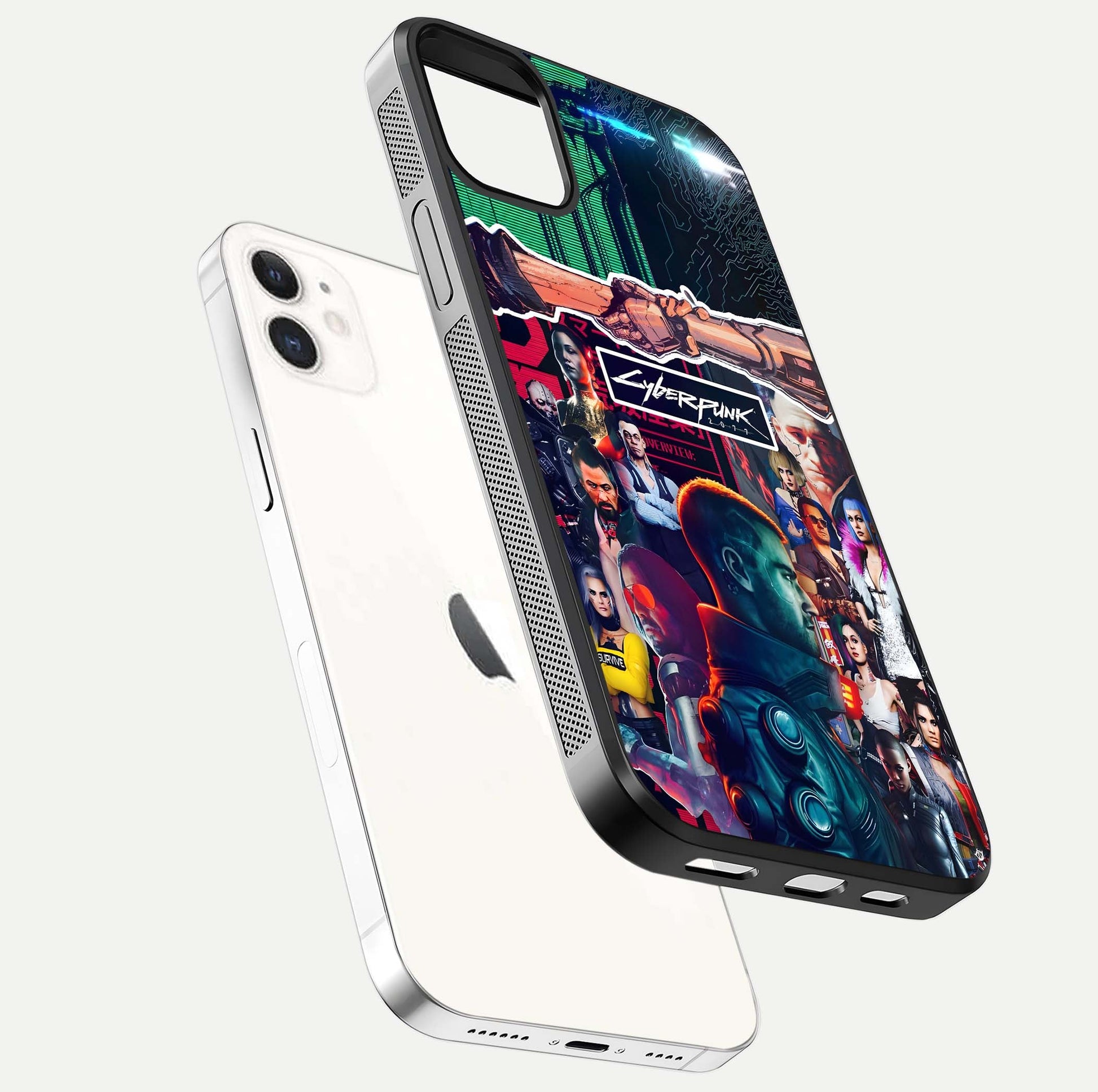 CYBERPUNK Legacy Glass Case for iPhone 12 Mini floating mockup showing HD gloss and neon glow detail