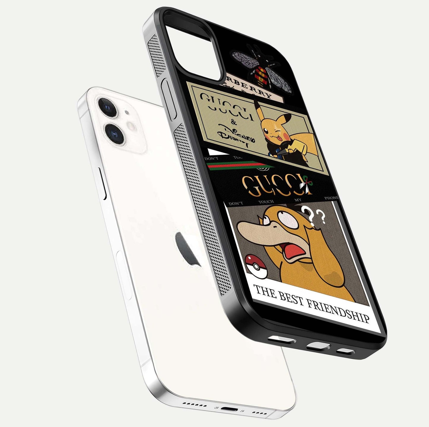Cartoon Brand Play Mashup Glass Case for iPhone 12 Mini floating dual-view mockup showing gloss surface and vivid reflection