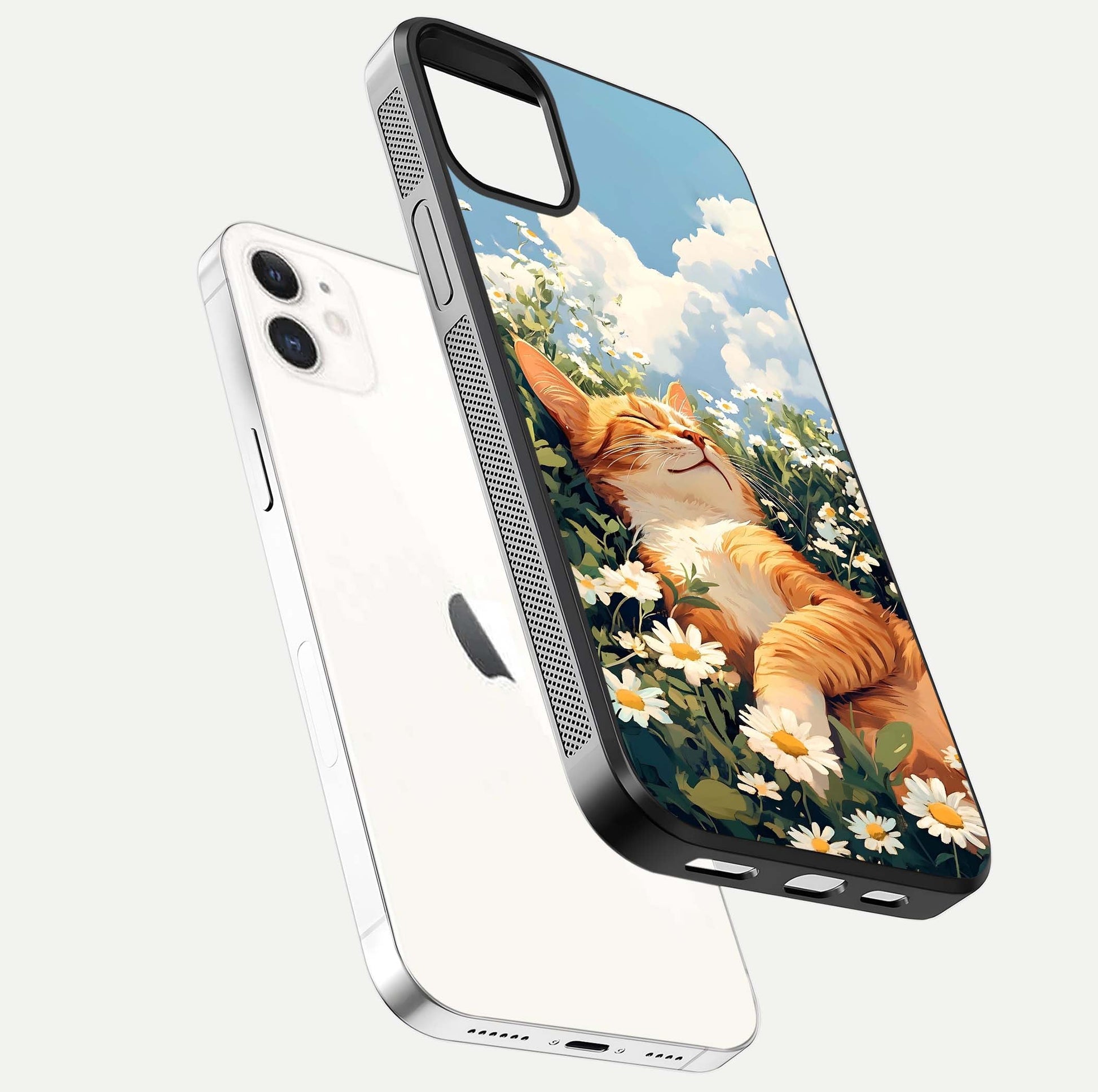 Cat & Flowers View Glass Case for iPhone 12 Mini floating mockup showing design reflection and protective edges