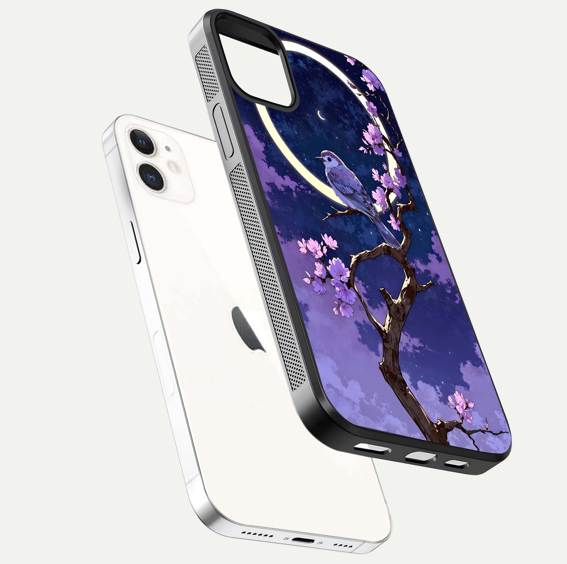 Celestial Bird Blossom Glass Case for iPhone 12 Mini floating mockup showing cosmic floral tones and HD gloss