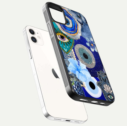 Celestial Blue Vision Glass Case for iPhone 12 Mini floating mockup showing gloss depth and night-sky pattern
