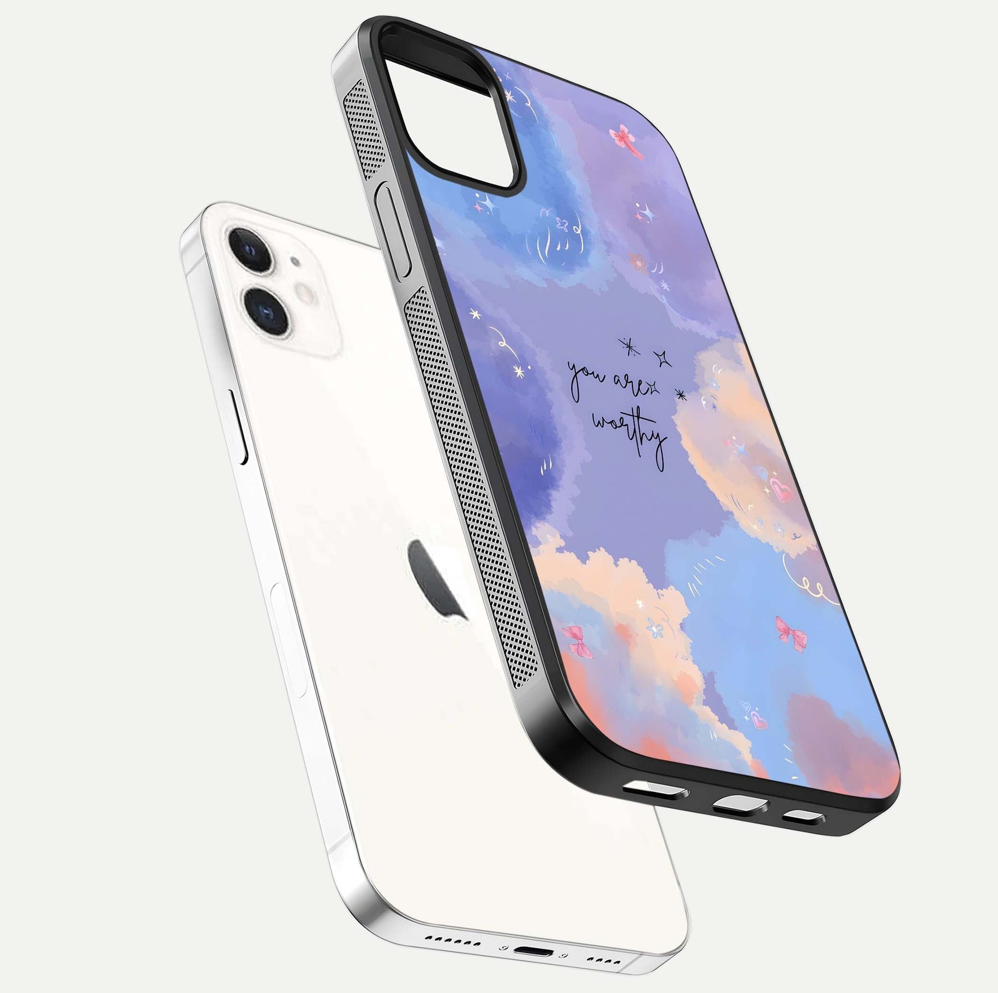 Celestial Cloud Magic Glass Case for iPhone 12 Mini floating mockup displaying cloud aura and HD finish