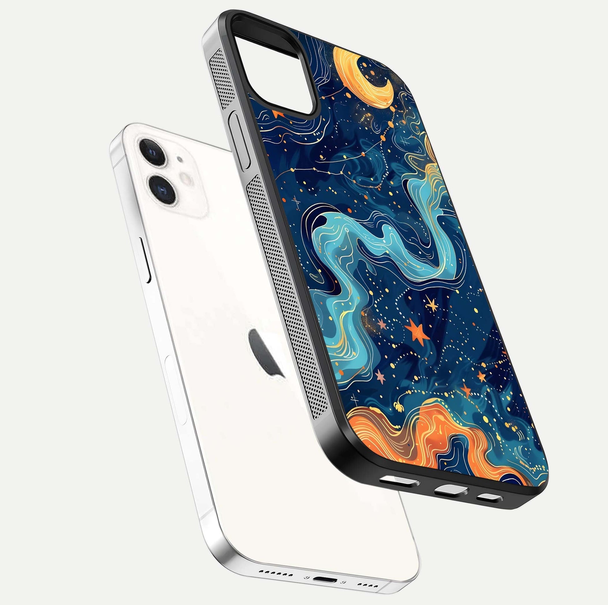 Celestial Dream Flow Glass Case for iPhone 12 Mini floating mockup displaying gloss shimmer and artistic composition