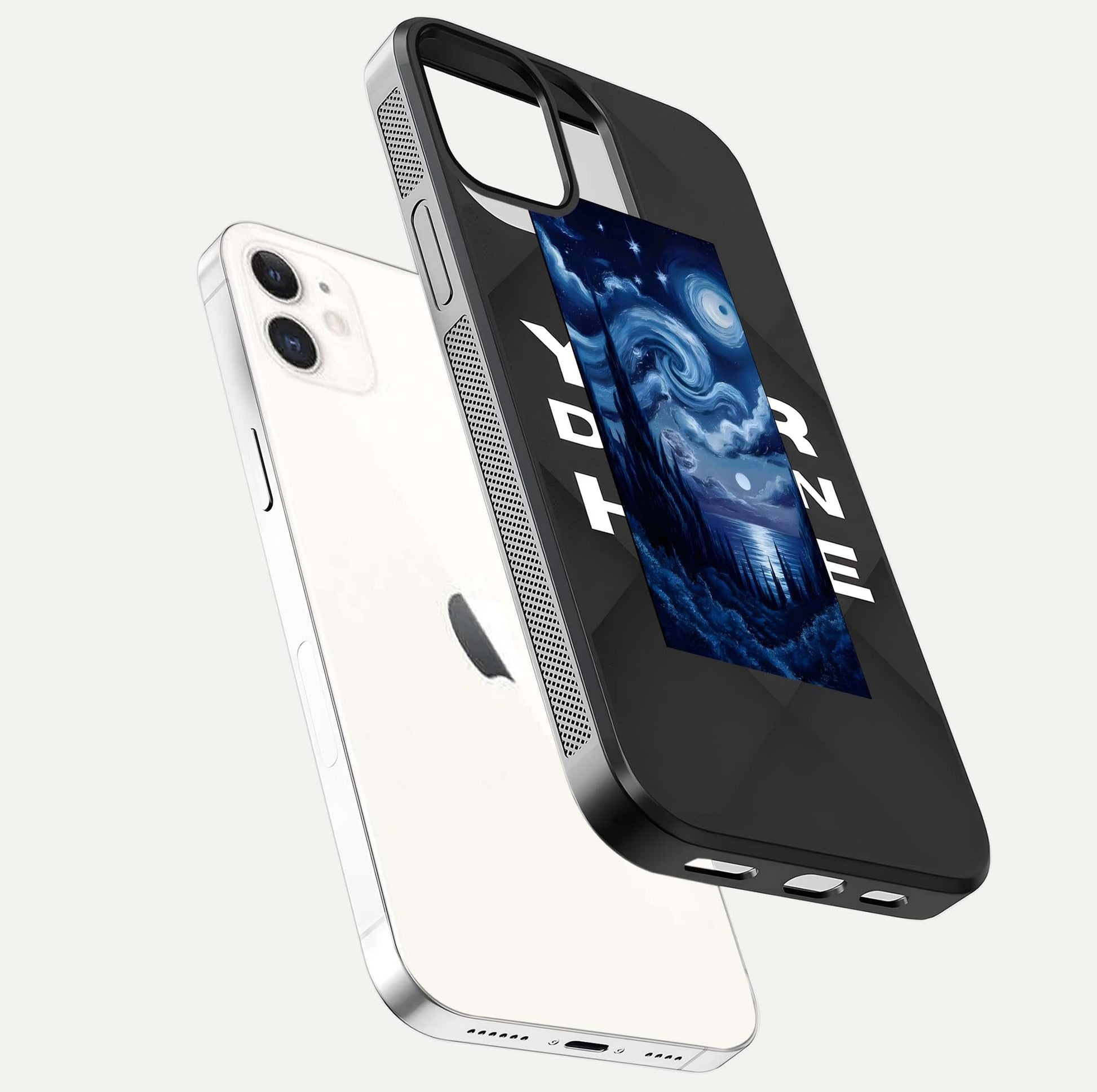 Celestial Dream Van Gogh Glass Case for iPhone 12 Mini floating mockup highlighting cosmic tones and smooth gloss