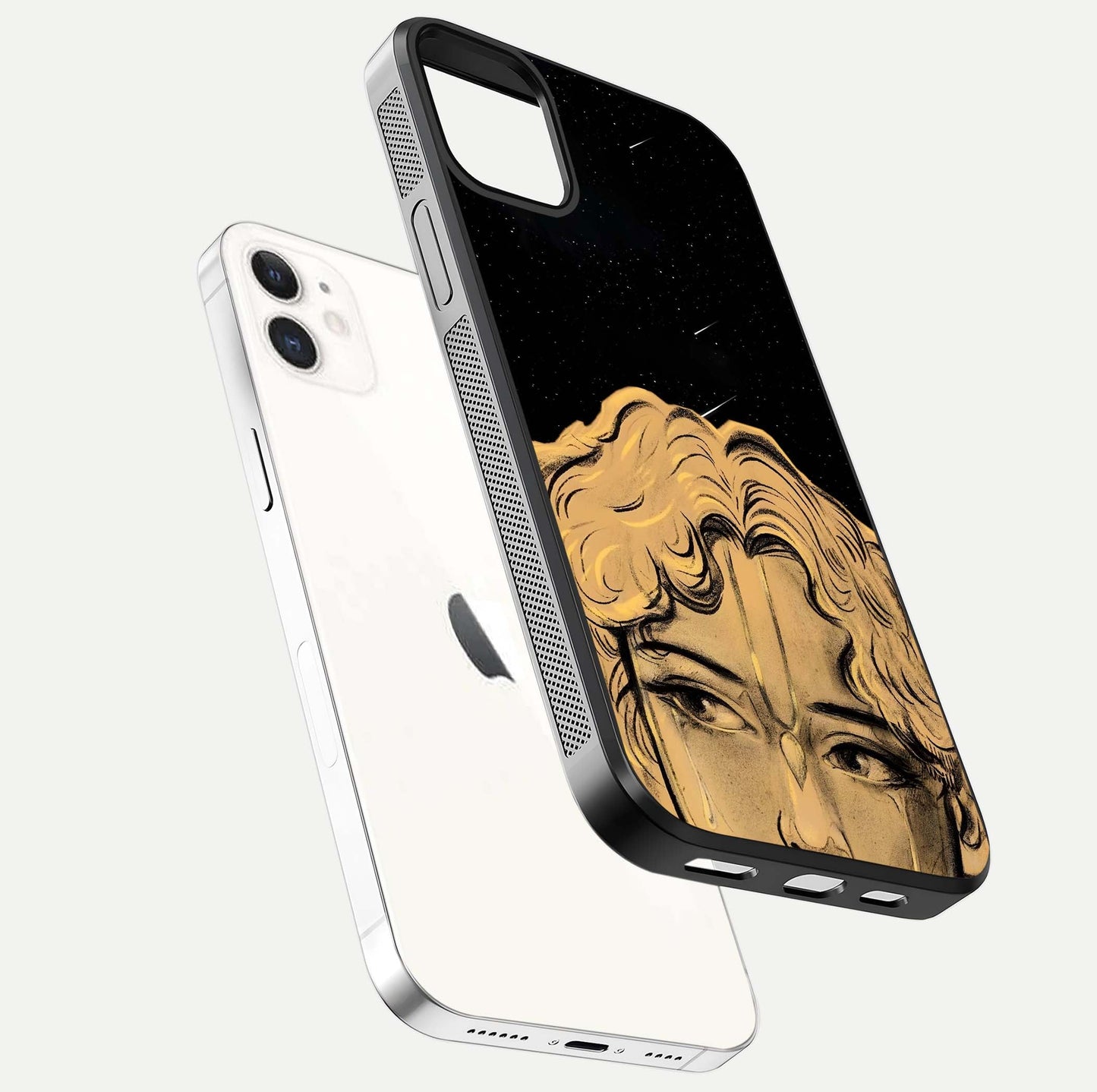 Celestial God’s Plan Glass Case for iPhone 12 Mini floating dual-view mockup displaying gloss surface and vivid print