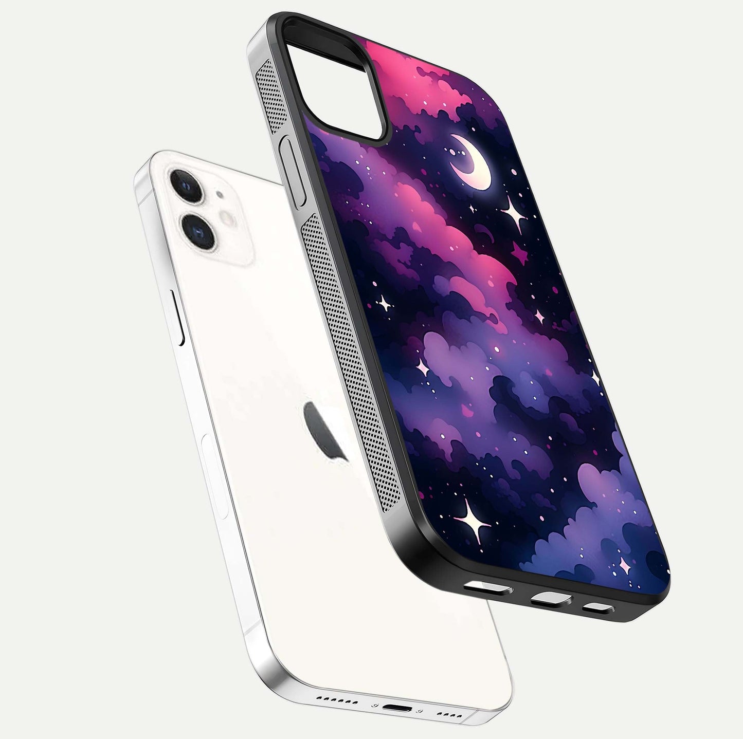 Celestial Moon Magic Glass Case for iPhone 12 Mini floating mockup showing reflection gradient and smooth polish