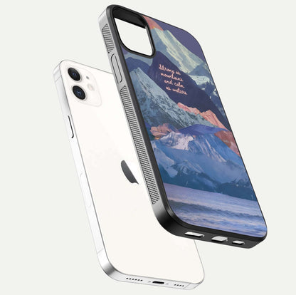 Celestial Mountain Calm Glass Case for iPhone 12 Mini floating mockup showing glow depth and polished edges