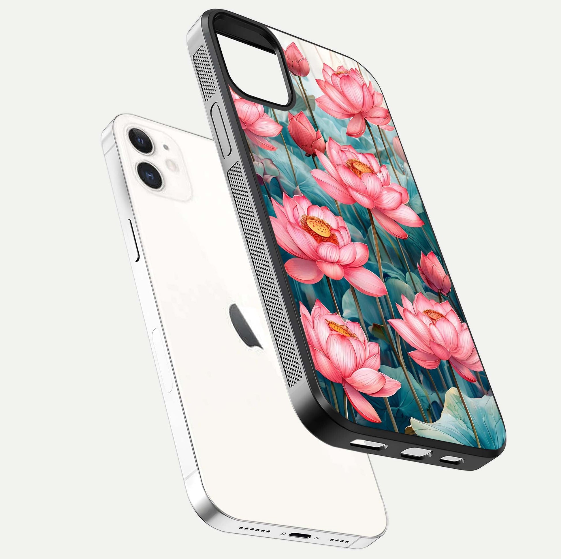 Celestial Pink Lotus Glass Case for iPhone 12 Mini floating mockup displaying cosmic tone and gloss surface