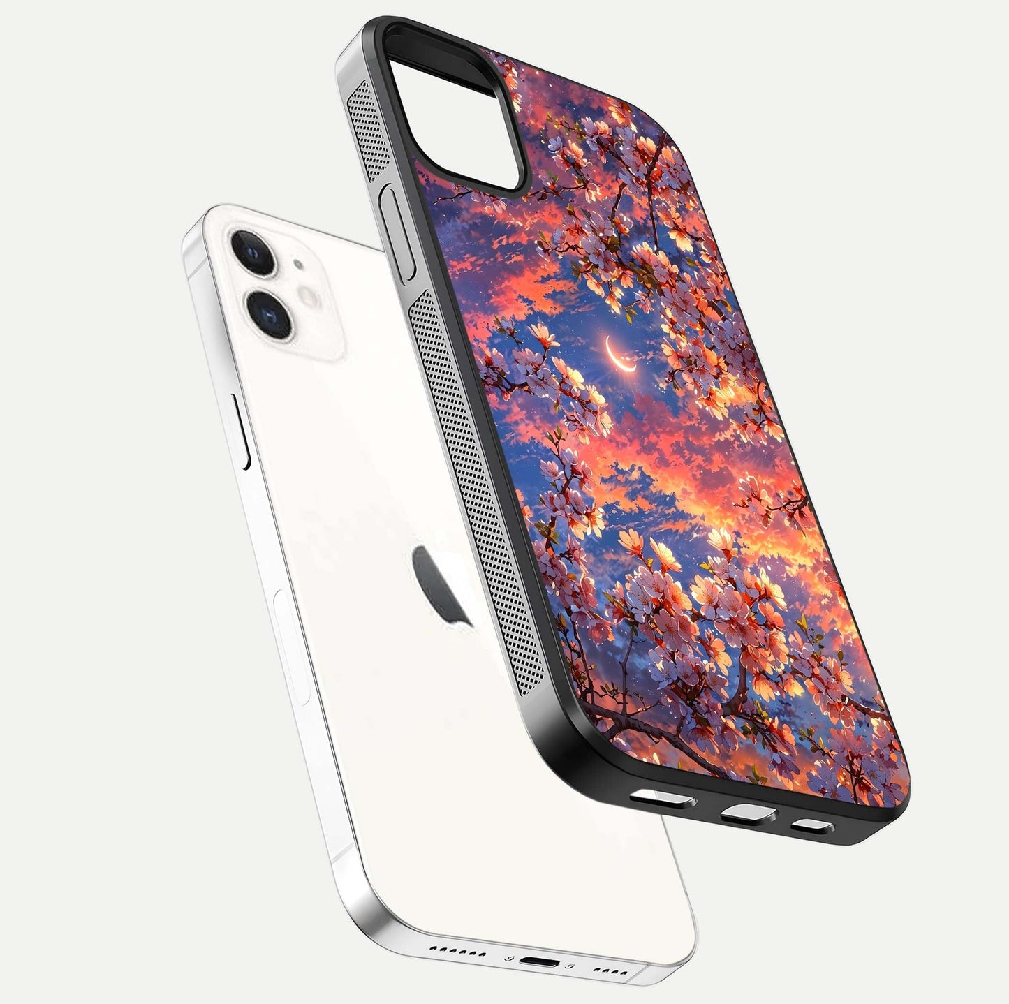 Celestial Sakura Sunset Glass Case for iPhone 12 Mini floating mockup capturing sunset hue and smooth gloss