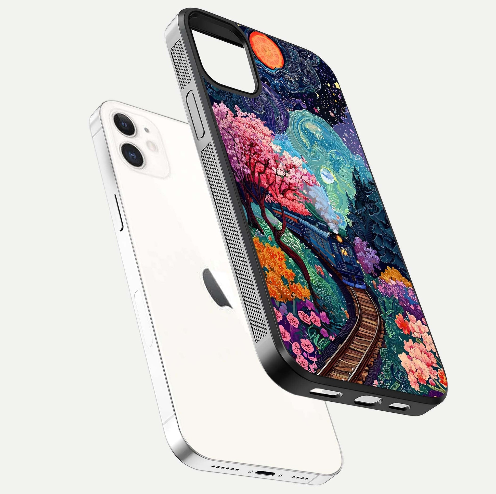 Celestial Train Journey Glass Case for iPhone 12 Mini floating mockup capturing gloss reflection and deep night hues