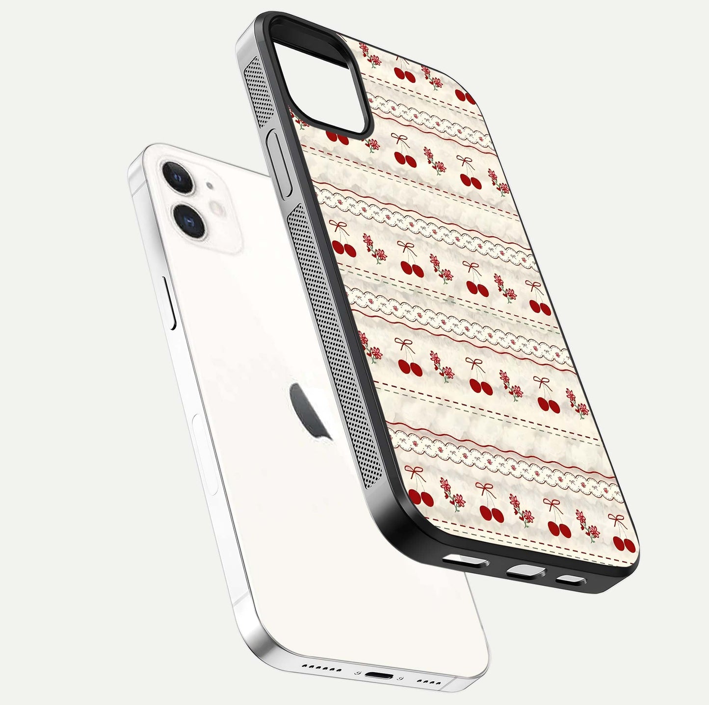 Cherry Bloom Charm Glass Case for iPhone 12 Mini floating mockup showing bloom texture and polished gloss