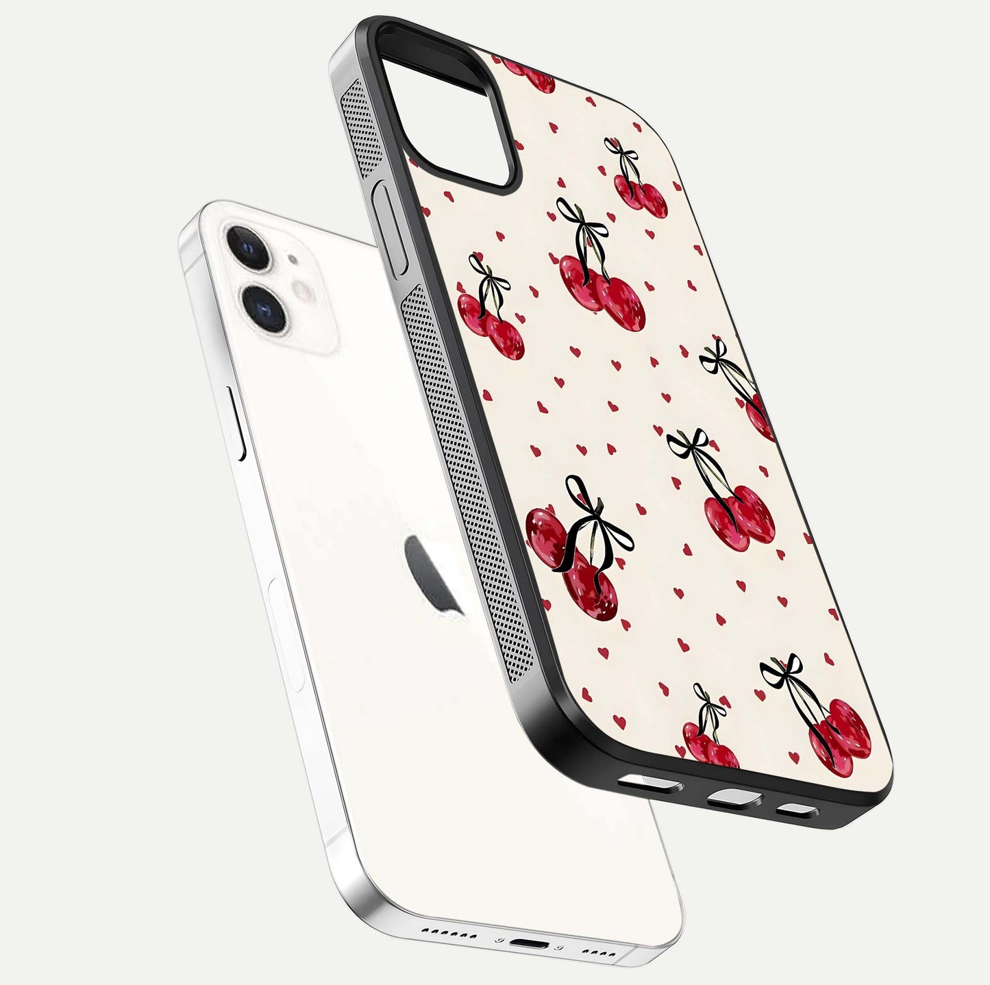 Cherry Heart Bow Glass Case for iPhone 12 Mini floating mockup showing reflection and HD print detail