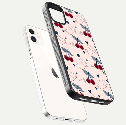 Cherry Heart Line Glass Case for iPhone 12 Mini floating mockup showing gloss polish and bright tones