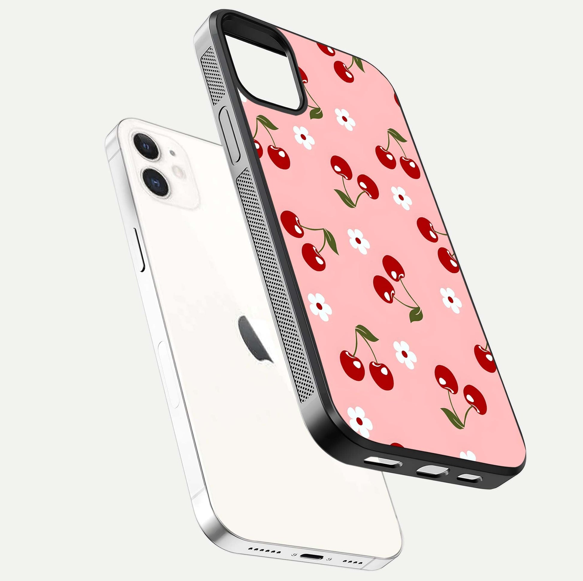 Cherry Love Mood Glass Case for iPhone 12 Mini floating mockup showing HD gloss reflection and red tones