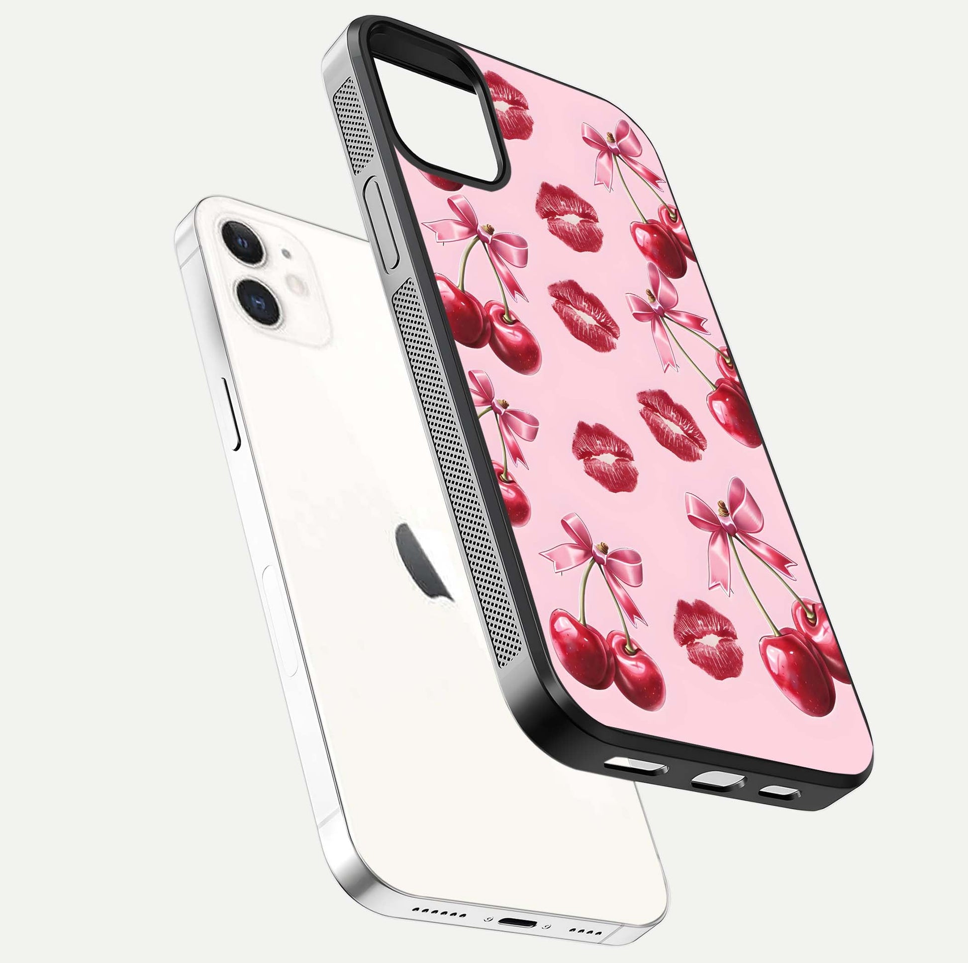 Cherry With Lips Glass Case for iPhone 12 Mini floating mockup showing HD gloss and pop-art inspired tones