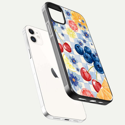 Citrus Bloom Joy Glass Case for iPhone 12 Mini floating mockup showing HD gloss and lively tone