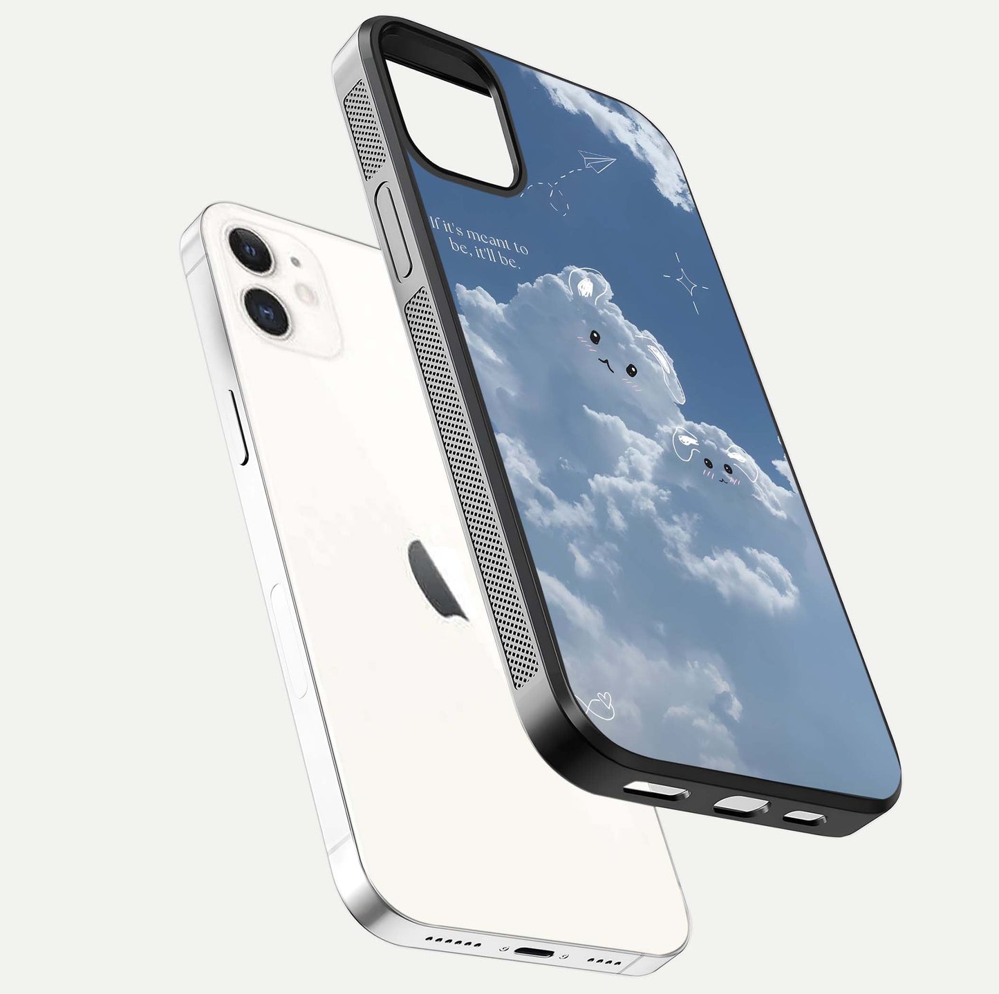 Cloud Bunny Dreams Glass Case for iPhone 12 Mini floating mockup showing soft gradient and gloss reflection