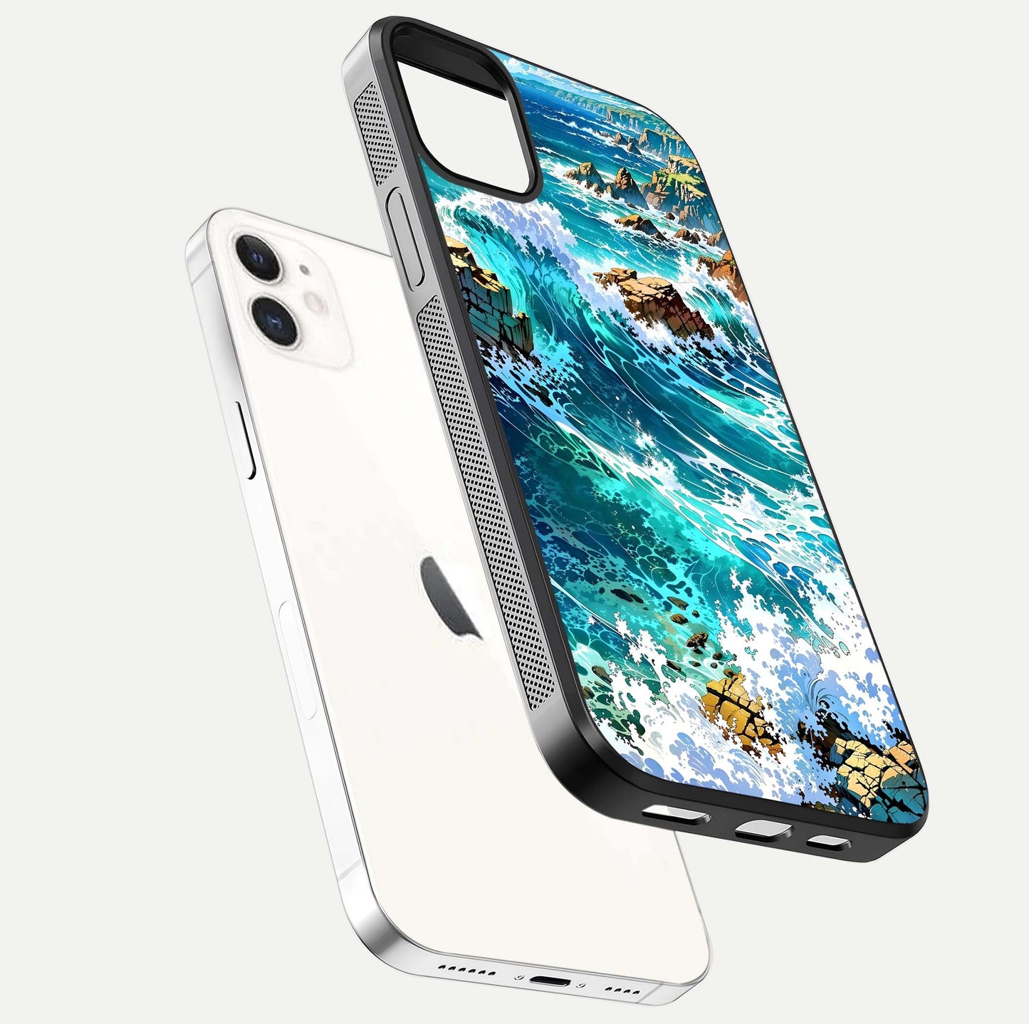 Coastal Blue Waves Glass Case for iPhone 12 Mini floating mockup showing HD reflection and wave details