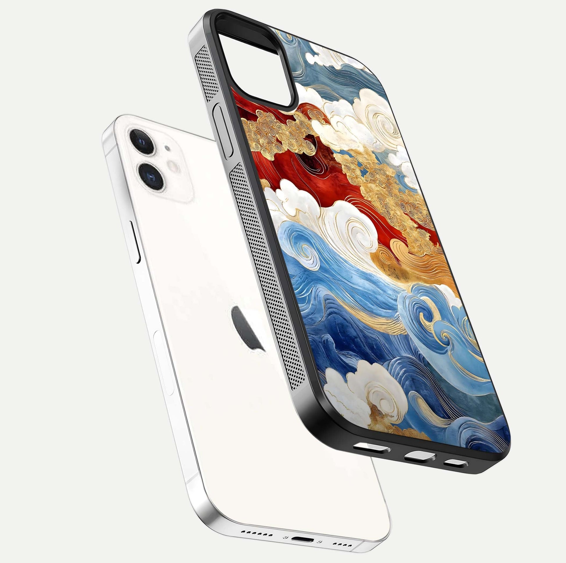 Colored Waves Glass Case for iPhone 12 Mini floating dual-view mockup displaying gloss finish and color contrast