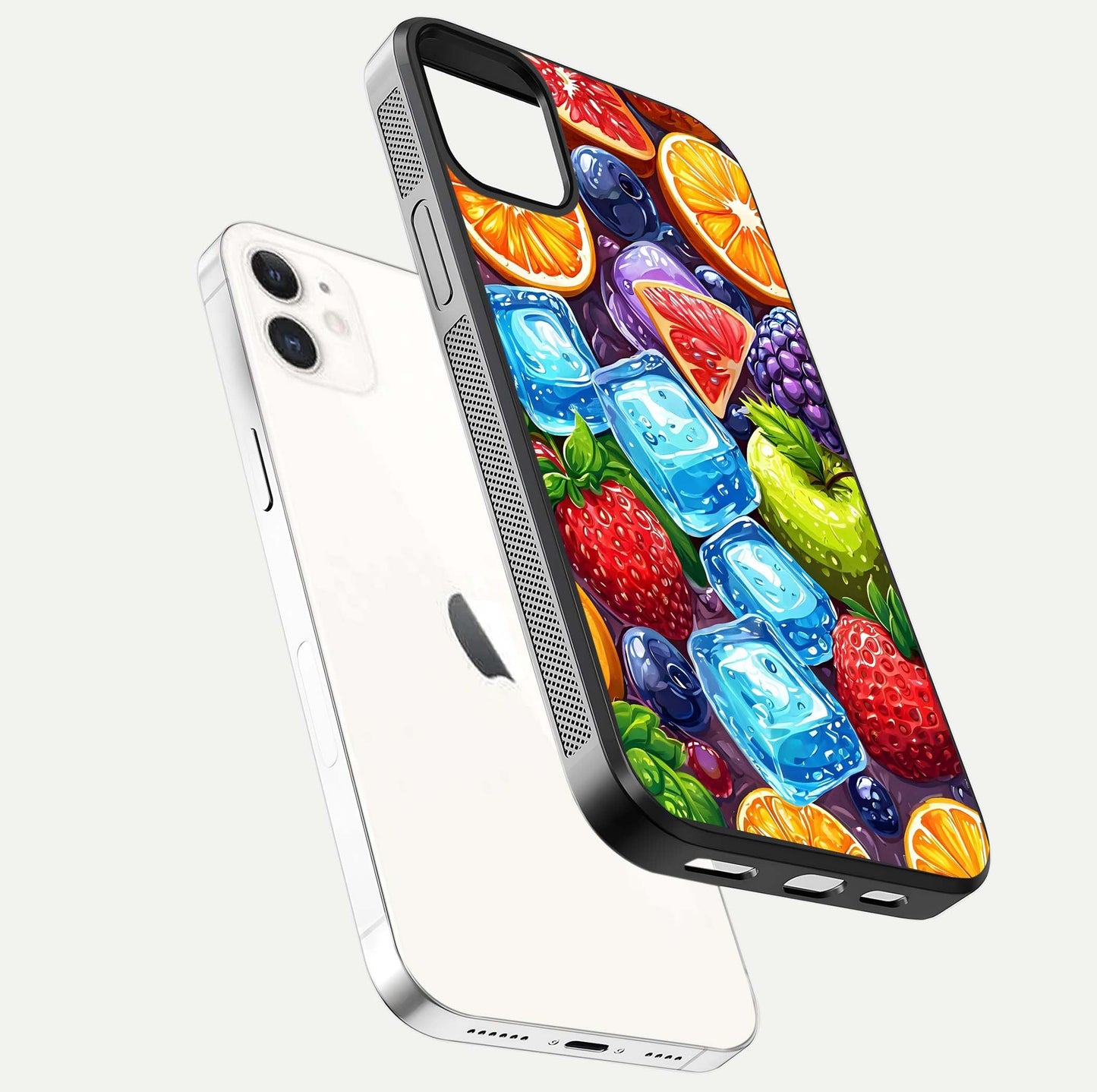 Colorful Fruits with Ice Glass Case for iPhone 12 Mini floating mockup showing bright shine and crystal clarity