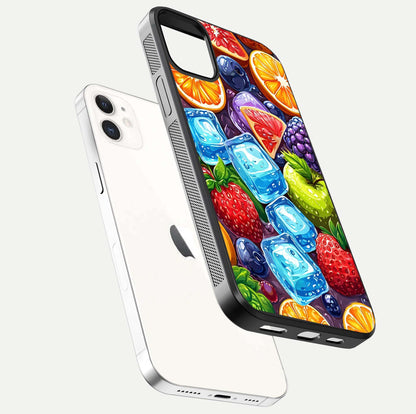 Colorful Fruits with Ice Glass Case for iPhone 12 Mini floating mockup showing bright shine and crystal clarity