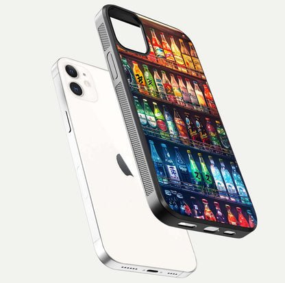 Colorful Soda Bottles Glass Case for iPhone 12 Mini floating mockup showing light reflection and bright gloss