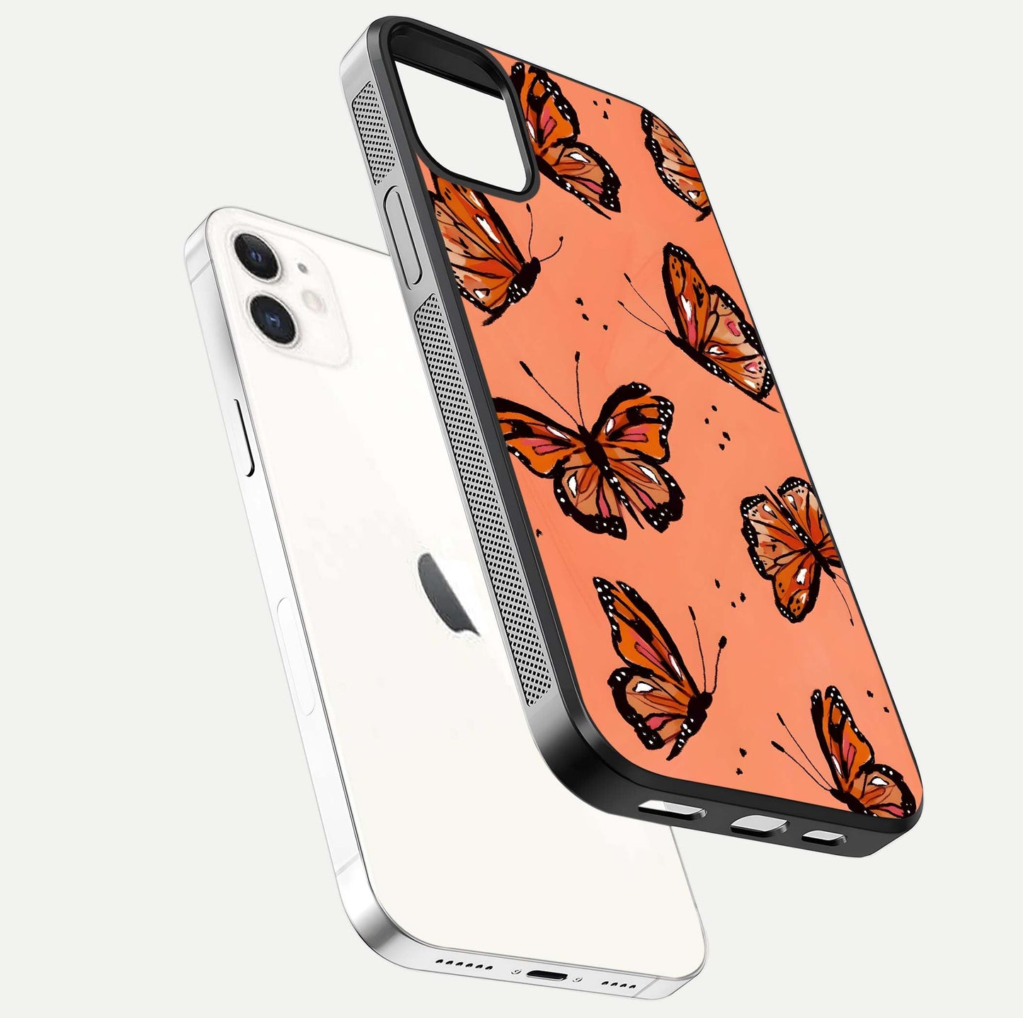 Coral Wing Butterfly Glass Case for iPhone 12 Mini floating mockup showing HD gloss texture and vivid coral color