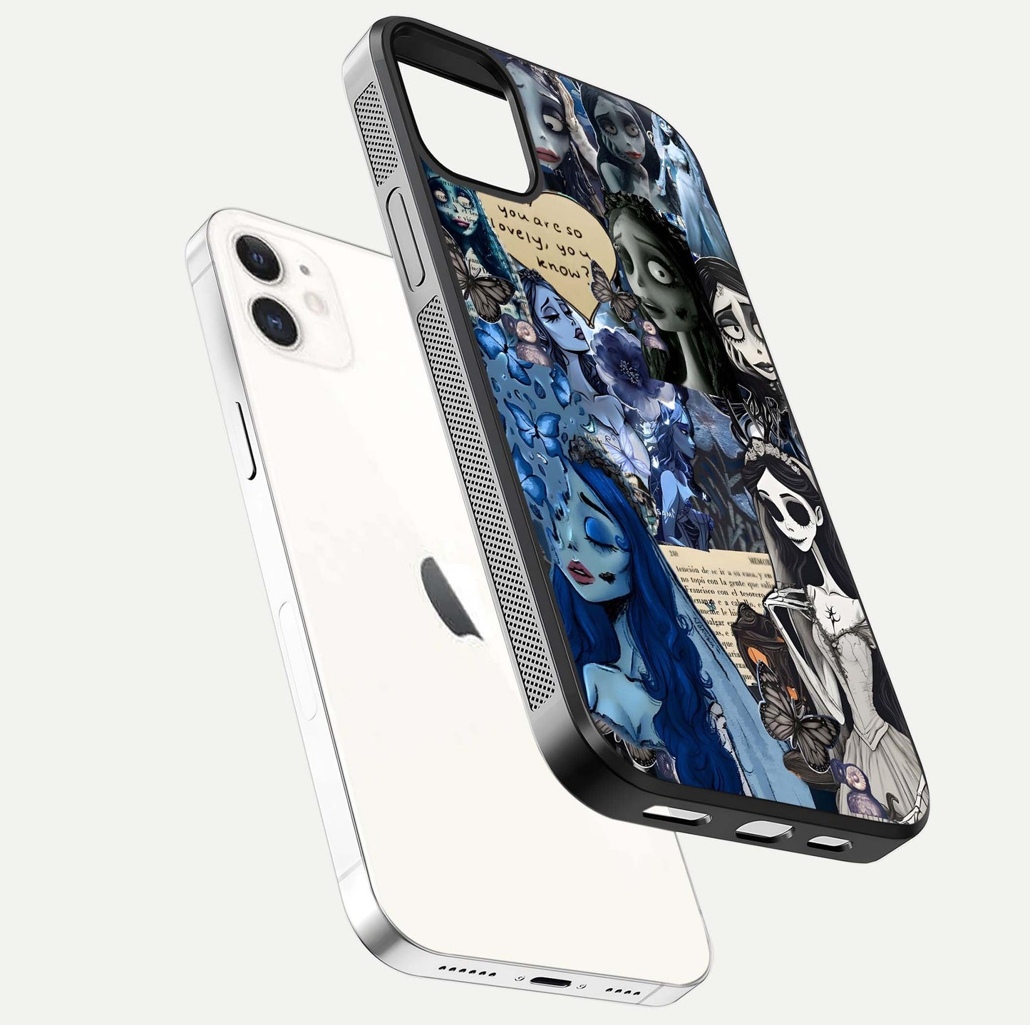 Corpse Bride Posters Glass Case for iPhone 12 Mini floating mockup showing shine texture and clear design