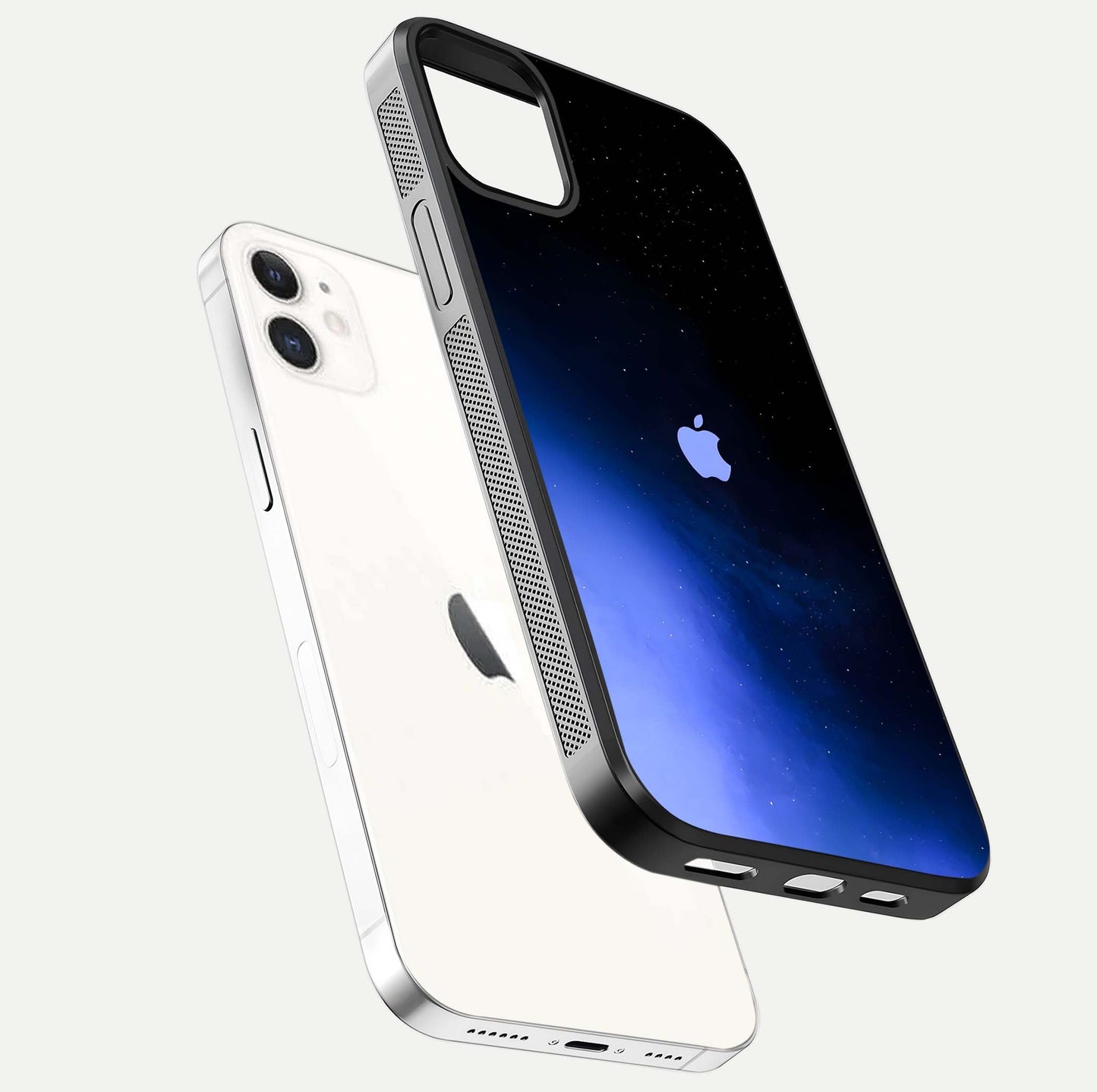 Cosmic Blue Apple Glass Case for iPhone 12 Mini floating mockup showing HD gloss and deep space gradient