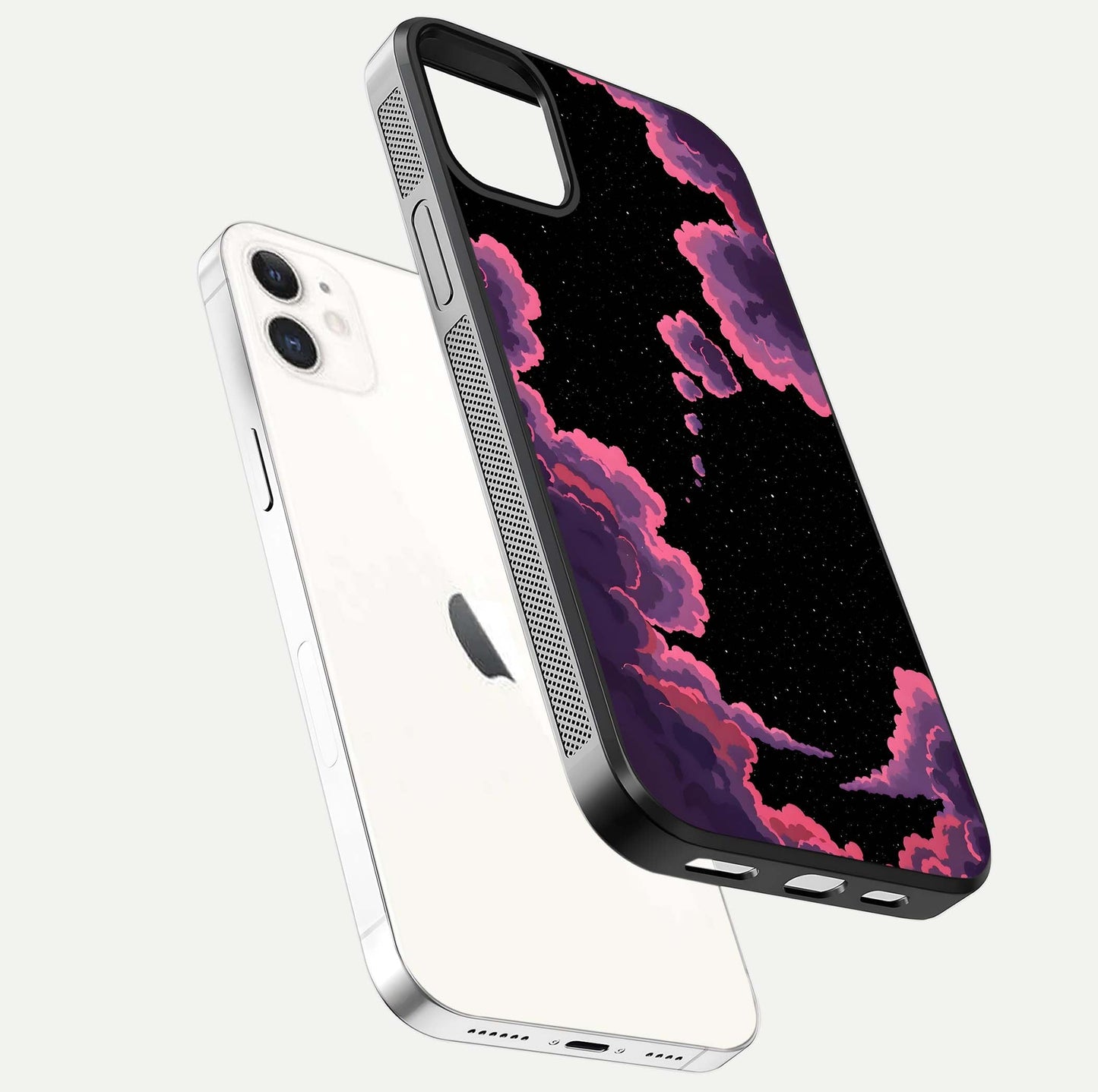 Cosmic Cloud Journey Glass Case for iPhone 12 Mini floating mockup showing HD gloss and cosmic gradient