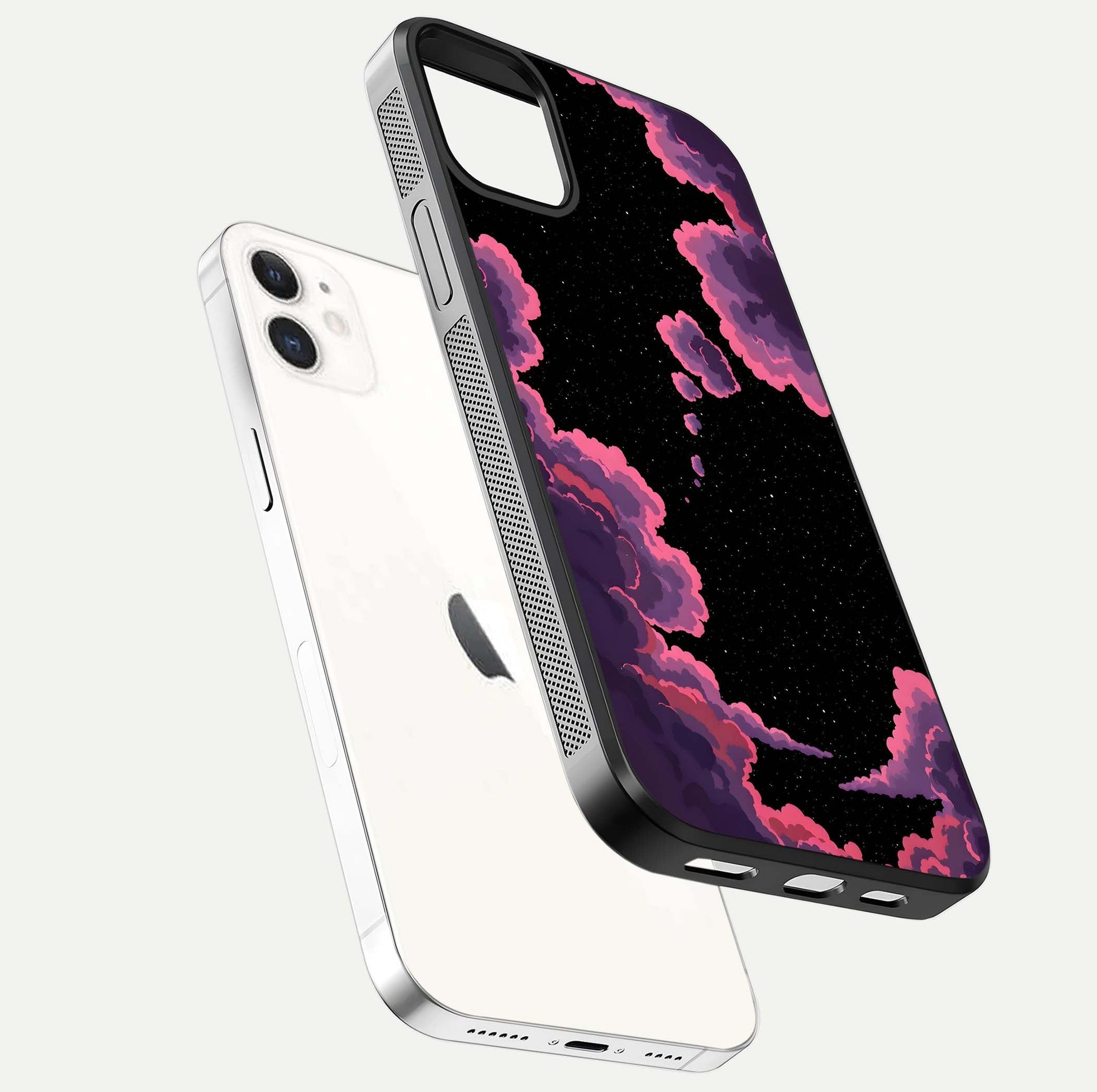 Cosmic Cloud Journey Glass Case for iPhone 12 Mini floating mockup showing HD gloss and cosmic gradient
