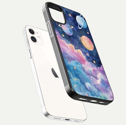 Cosmic Planet Dreams Glass Case for iPhone 12 Mini floating mockup showing HD gloss and cosmic reflection