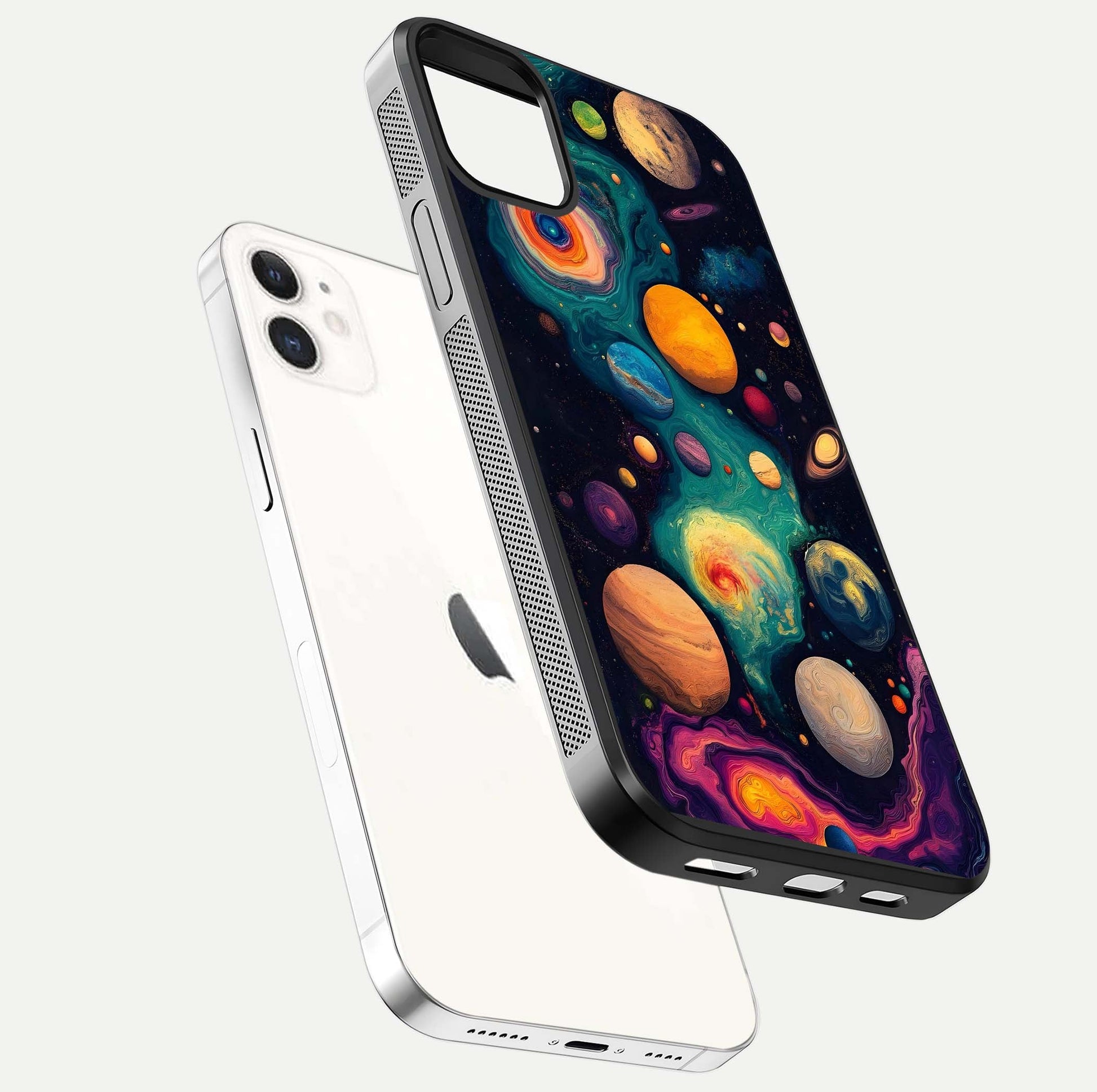 Cosmic Planet Journey Glass Case for iPhone 12 Mini floating mockup showing gloss gradient and deep shine
