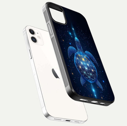 Crimson Blue Turtle Glass Case for iPhone 12 Mini floating mockup showing reflection polish and deep hues