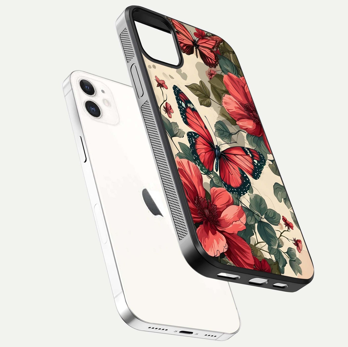 Crimson Butterfly Garden Glass Case for iPhone 12 Mini floating mockup showing HD gloss and vivid art