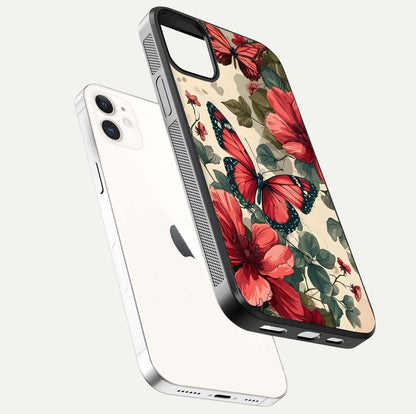 Crimson Butterfly Garden Glass Case for iPhone 12 Mini floating mockup showing HD gloss and vivid art