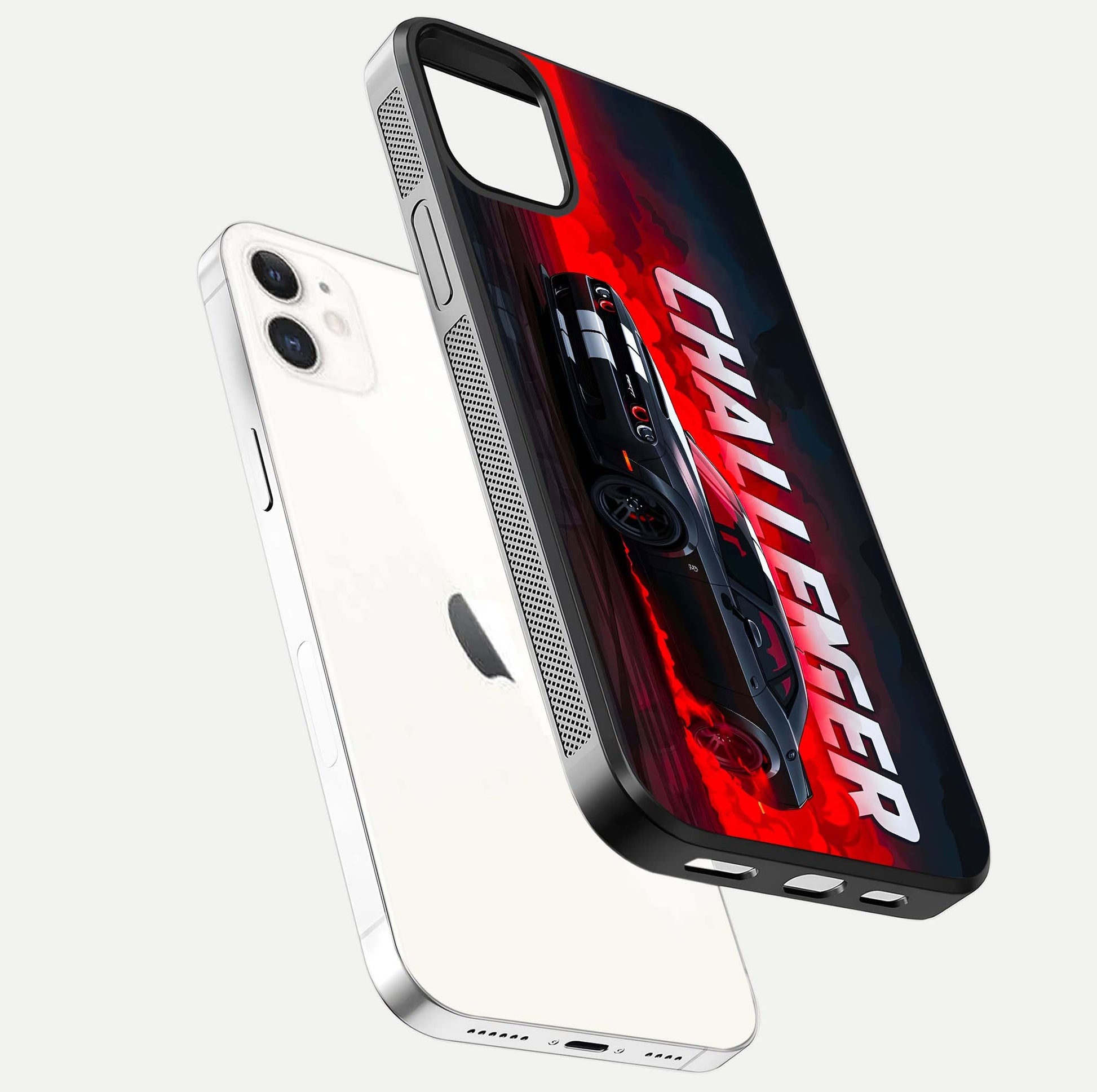 Crimson Challenger Fury Glass Case for iPhone 12 Mini floating mockup showing HD gloss and sleek shine