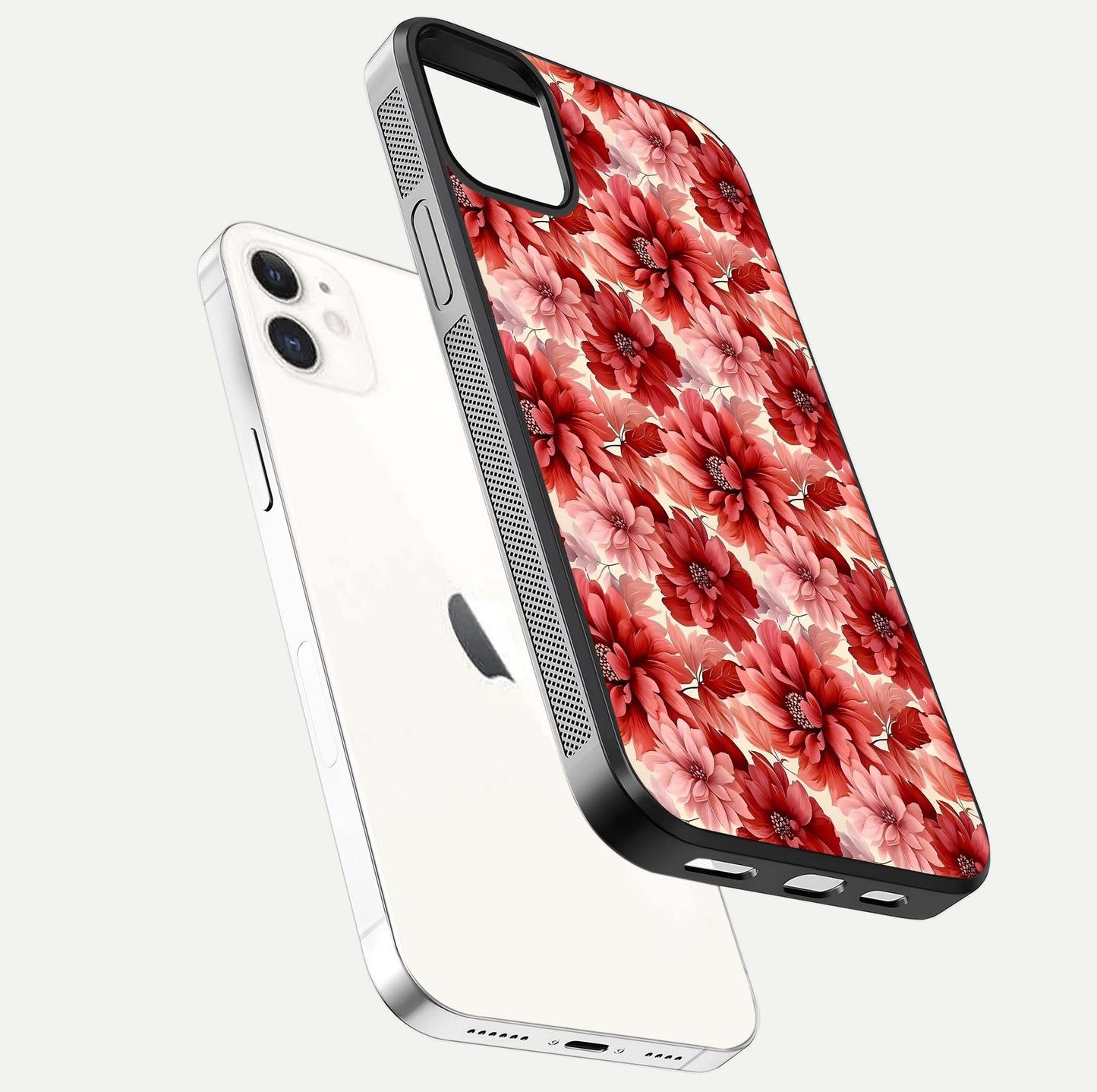 Crimson Love Petals Glass Case for iPhone 12 Mini floating mockup showing HD gloss and vivid detail