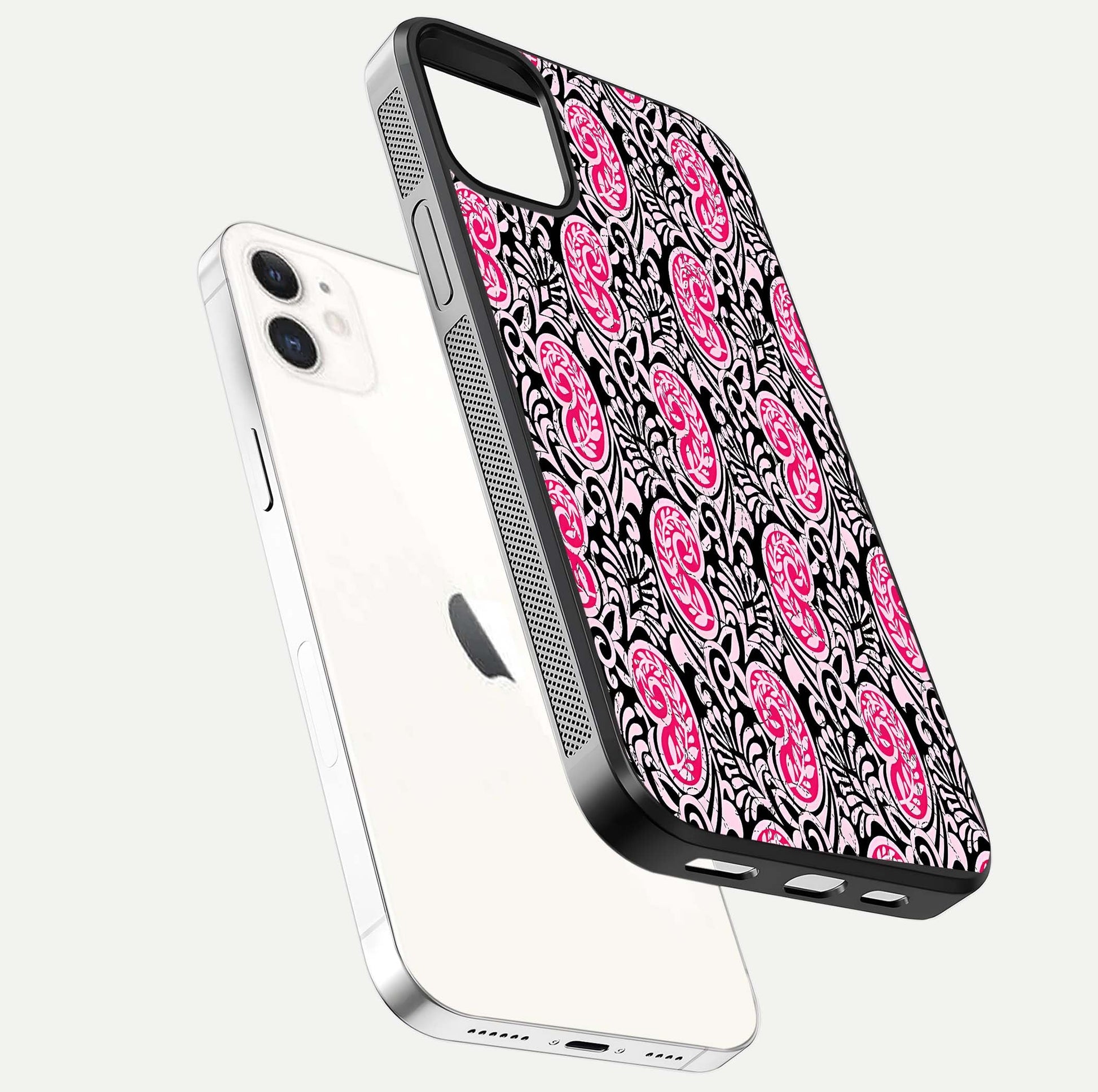 Crimson Paisley Charm Glass Case for iPhone 12 Mini floating mockup showing gloss shine and texture clarity